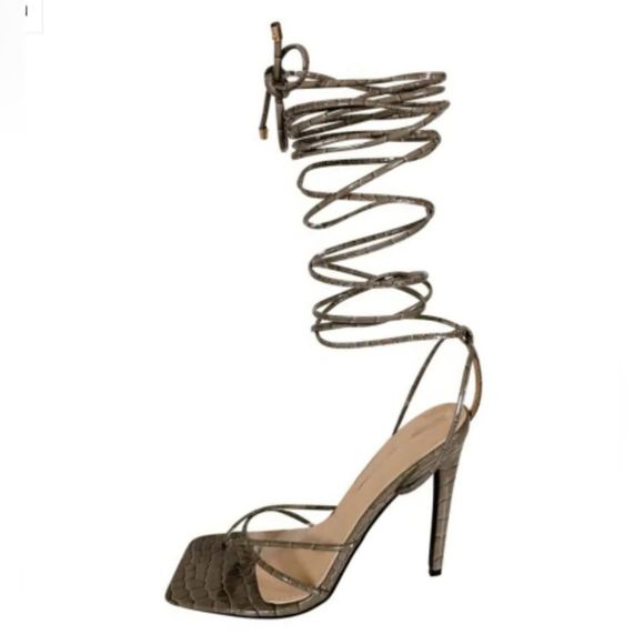 Azalea Wang "Marquez Croc" Grey Ankle/Calf Tie Stiletto Heel Sandal Size 8 - Picture 1 of 5